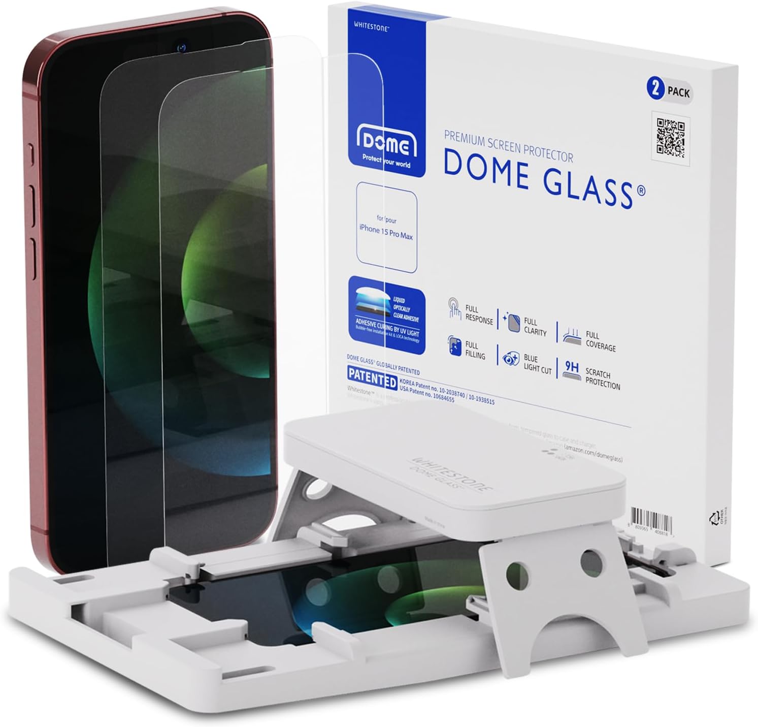 DOME GLASS Whitestone – Protector de pantalla compatible con iPhone 15 Pro Max kit fácil de instalar, protector de pantalla para teléfono