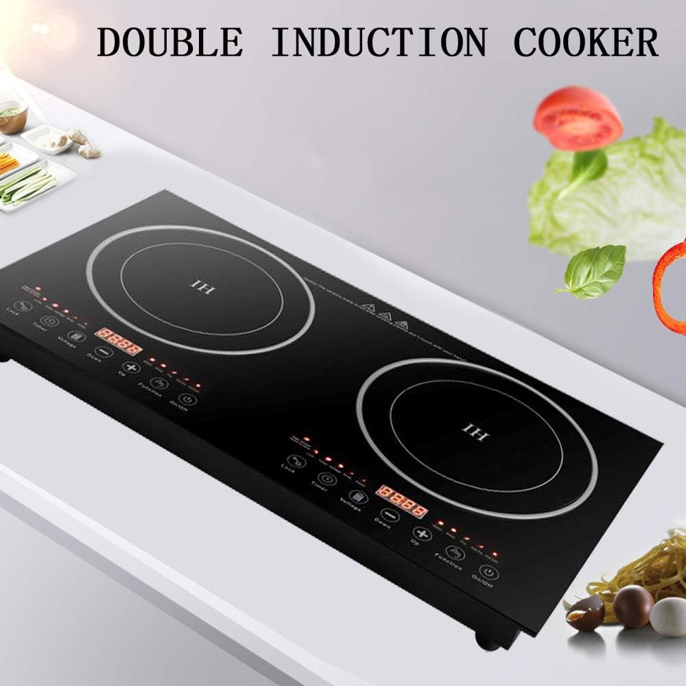 Placa de cocina eléctrica, 2 quemadores, doble inducción de cocina portátil 110 V 1200 W, quemadores de estufa eléctrica dobles con 8 engranajes de