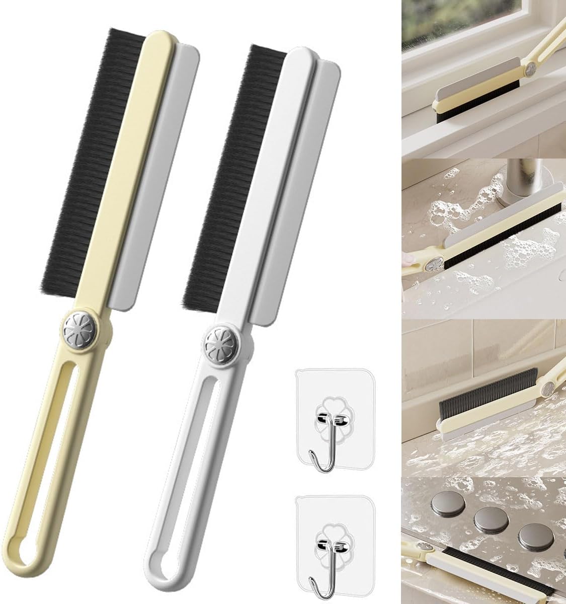 2 PCS Hard Bristle Crevice Cleaning Brush, 2024 Upgrade Thin Gap Cleaning Brush with Squeegee, Hand-held Grout Cleaner Scrub Brush Groove Gap