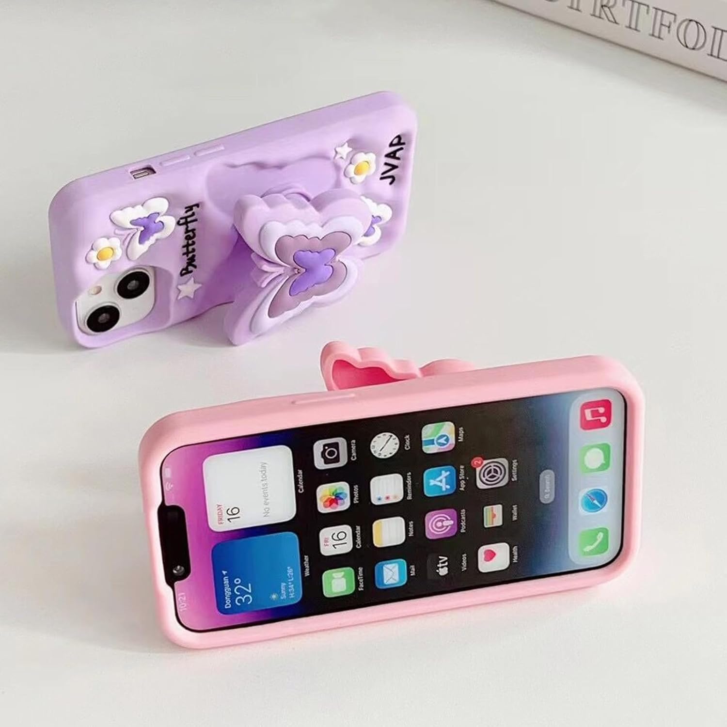 YWYUHE Funda de teléfono de mariposa morada compatible con iPhone 1314, bonita funda de mariposa de dopamina de Corea 3D con soporte telescópico de