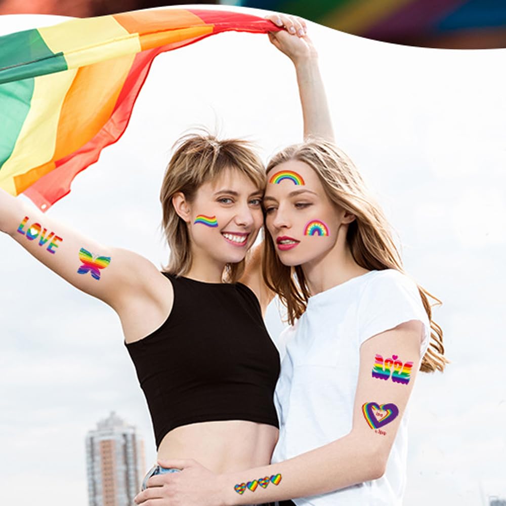 Calcomanías de tatuaje de orgullo gay, 71 piezas LGBT arco iris temporales tatuajes arco iris, mariposa, flor, corazón, amor, tatuajes para adultos,