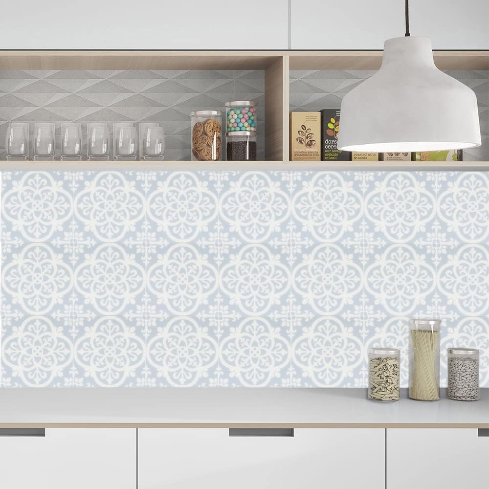 10 calcomanías acrílicas para azulejos azules y blancos, azulejos de 6 x 6 pulgadas, calcomanías de pared para baño y cocina, fácil de aplicar,