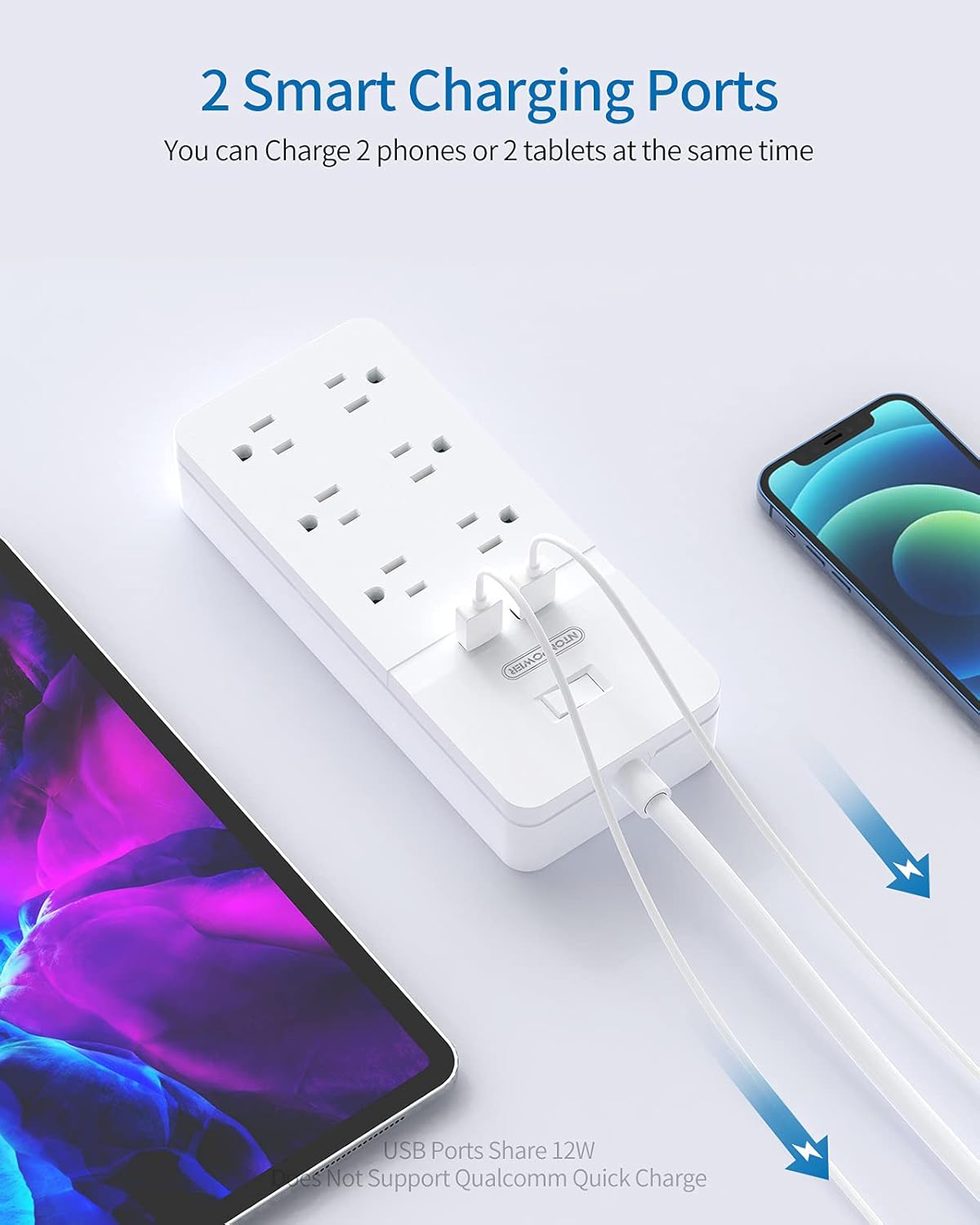Regleta de alimentación de 2 clavijas con cable de extensión de 10 pies, protector de sobretensiones de enchufe plano NTONPOWER con 6 tomas, 2