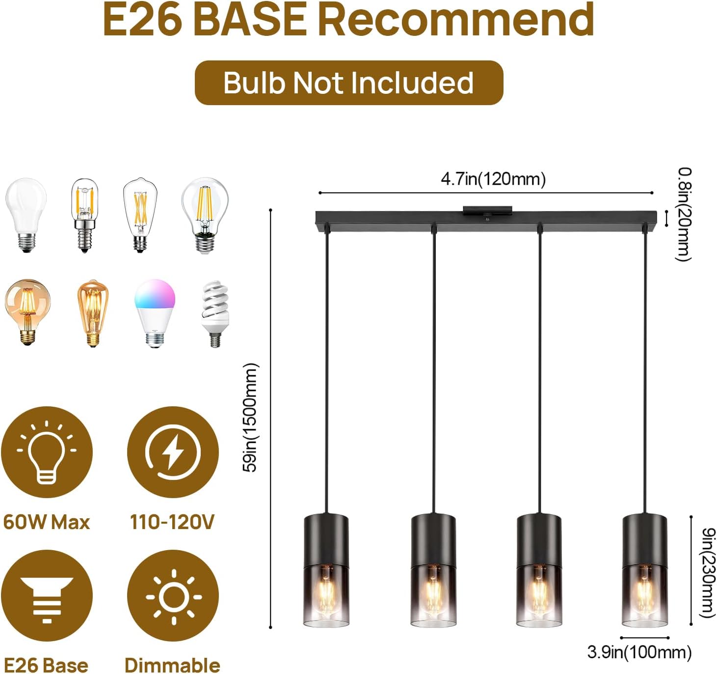 Lámpara colgante de isla de cocina negra, lámpara colgante de cristal negro industrial, 3 bombillas E26, lámparas de araña con cable ajustable de 59