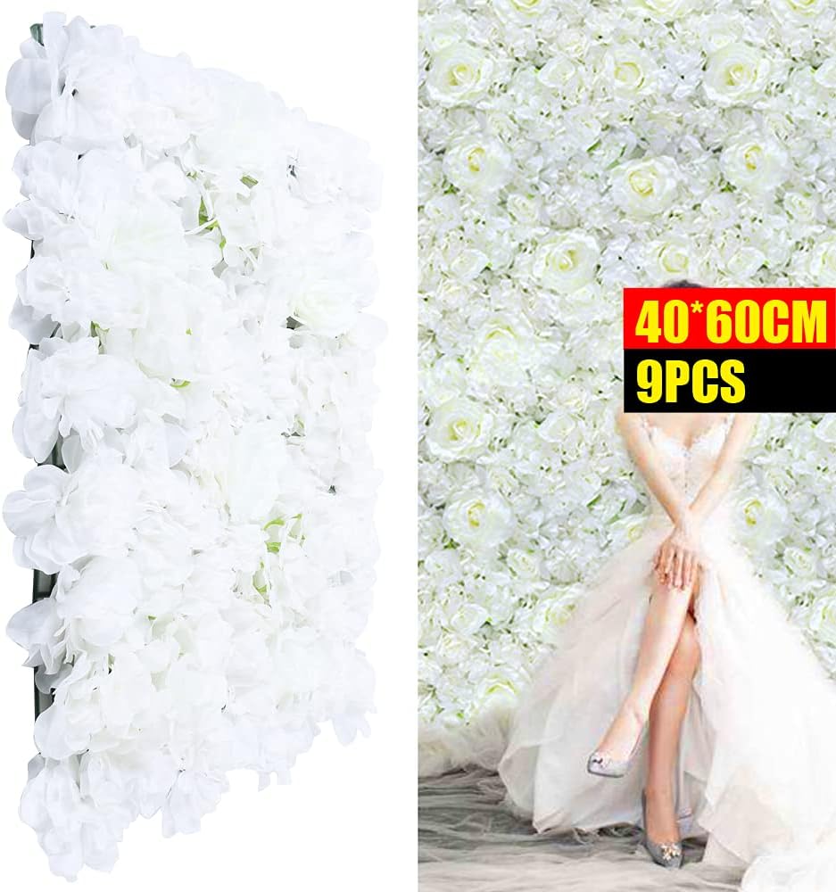BINELUCOLU Paneles de pared de flores blancas, 9 piezas de rosas artificiales, paneles de flores para telón de fondo, decoración de bodas, fiestas,