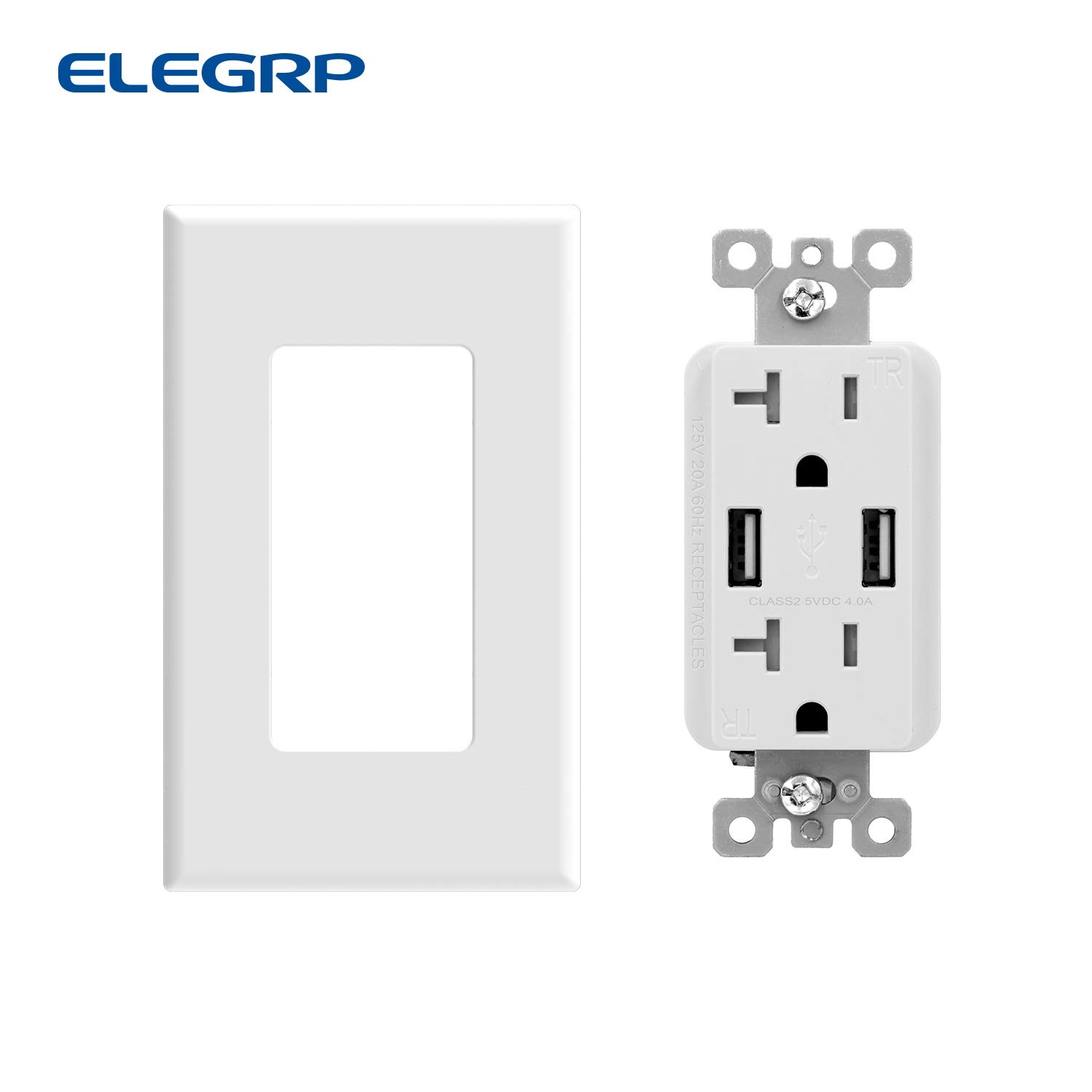 ELEGRP Receptáculo de toma de pared USB con puertos USB duales de 4.0 A, receptáculo dúplex resistente a manipulaciones de 20 amperios, toma de