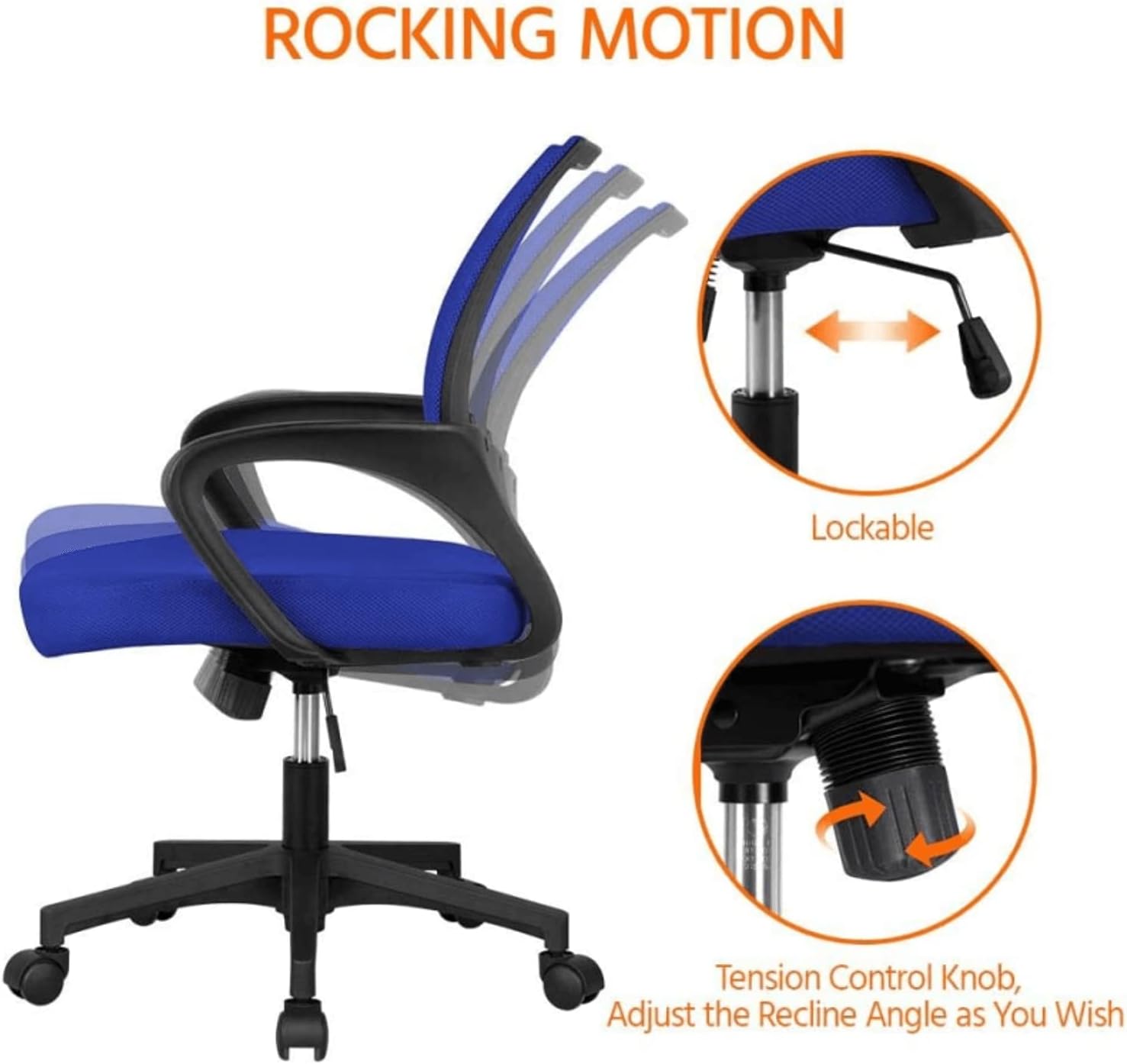 Silla de oficina en casa, silla ergonómica de malla, silla de escritorio para computadora con respaldo medio con soporte lumbar y reposabrazos,
