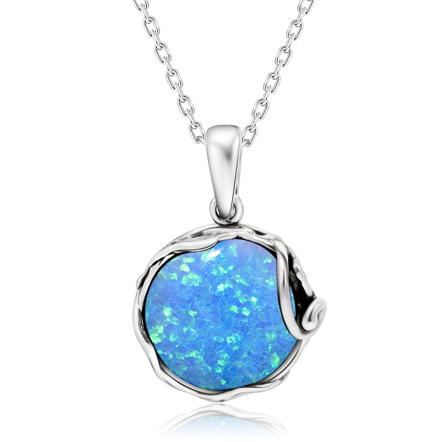 925 Sterling Silver Blue Opal Large Pendant Libra Natural October Birthstone Round Pendant Antique Jewelry For Women  Handmade Vintage Style Fire