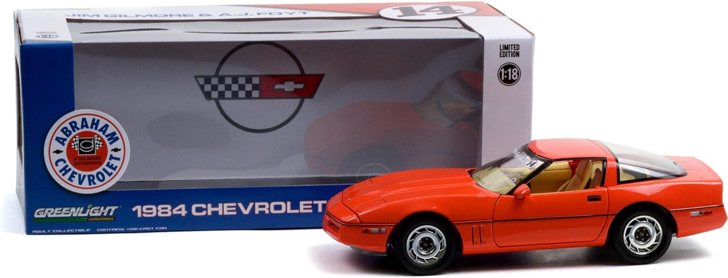 1984 Chevy Corvette C4 Hugger Orange Jim Gilmore y AJ Foyt Edición Limitada Orden Especial 118 Modelo de Auto Fundido a Presión por Greenlight 13595