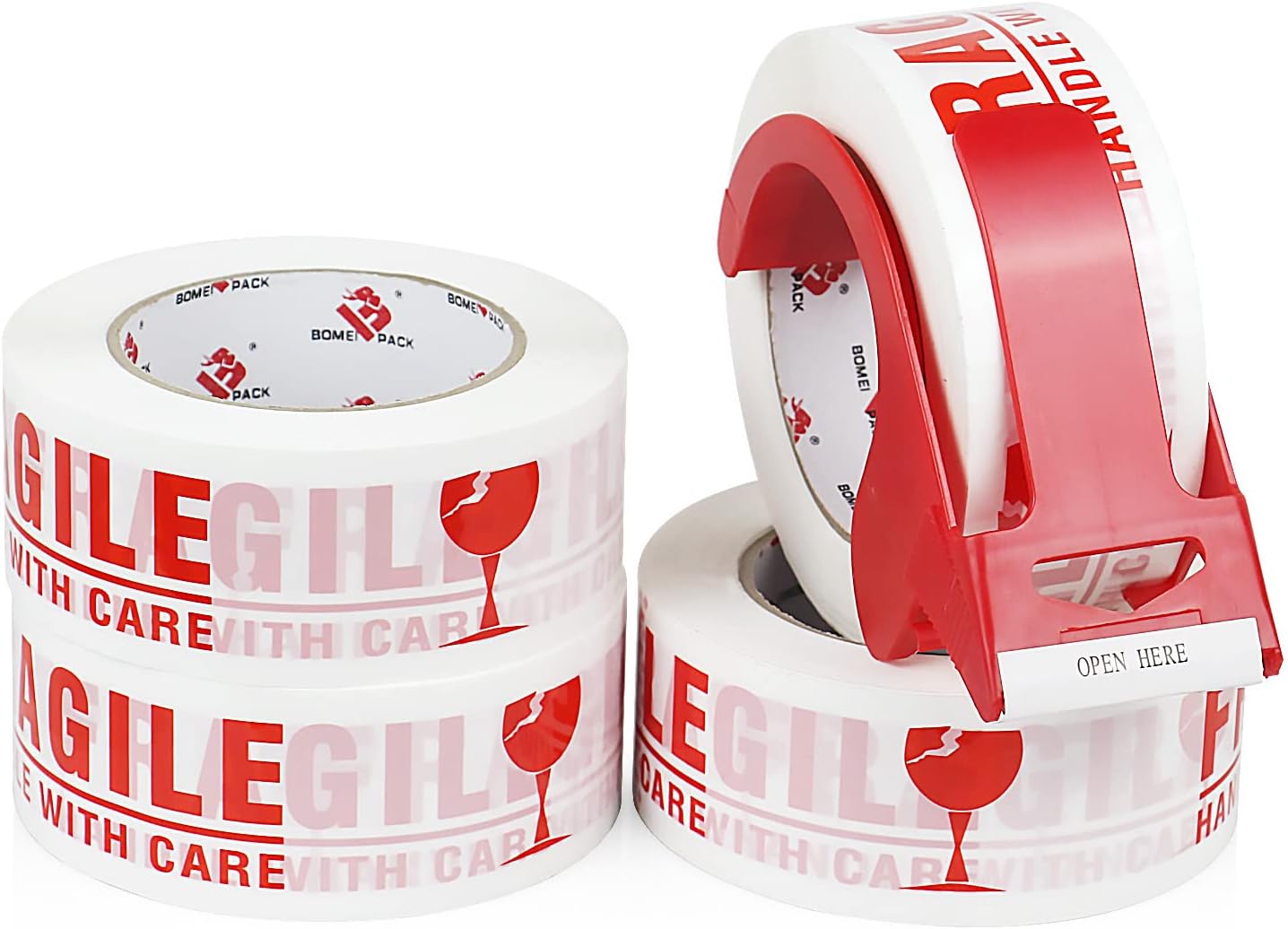 BOMEI PACK Cinta de embalaje frágil con cinta de mudanza, cinta de envío frágil, 2 pulgadas x 330 pies (110 yardas), cinta frágil resistente para