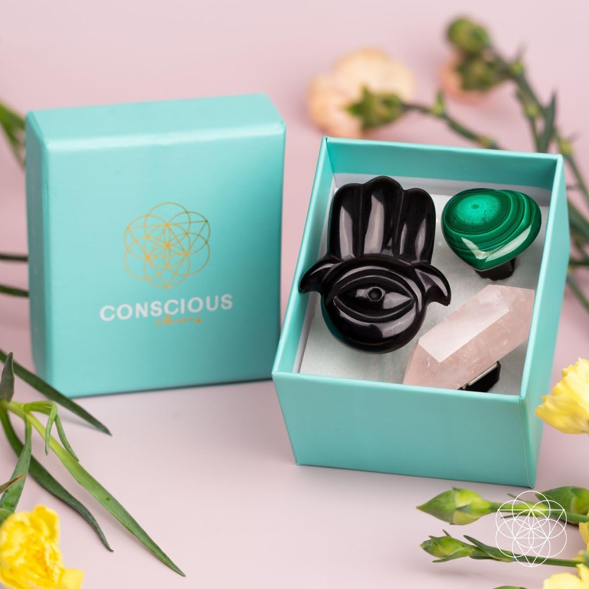 Conscious Items – Kit de aromaterapia Hamsa Hand of Safe Travels para automóvil de cristal – Accesorios de cristal para automóvil – Adornos para