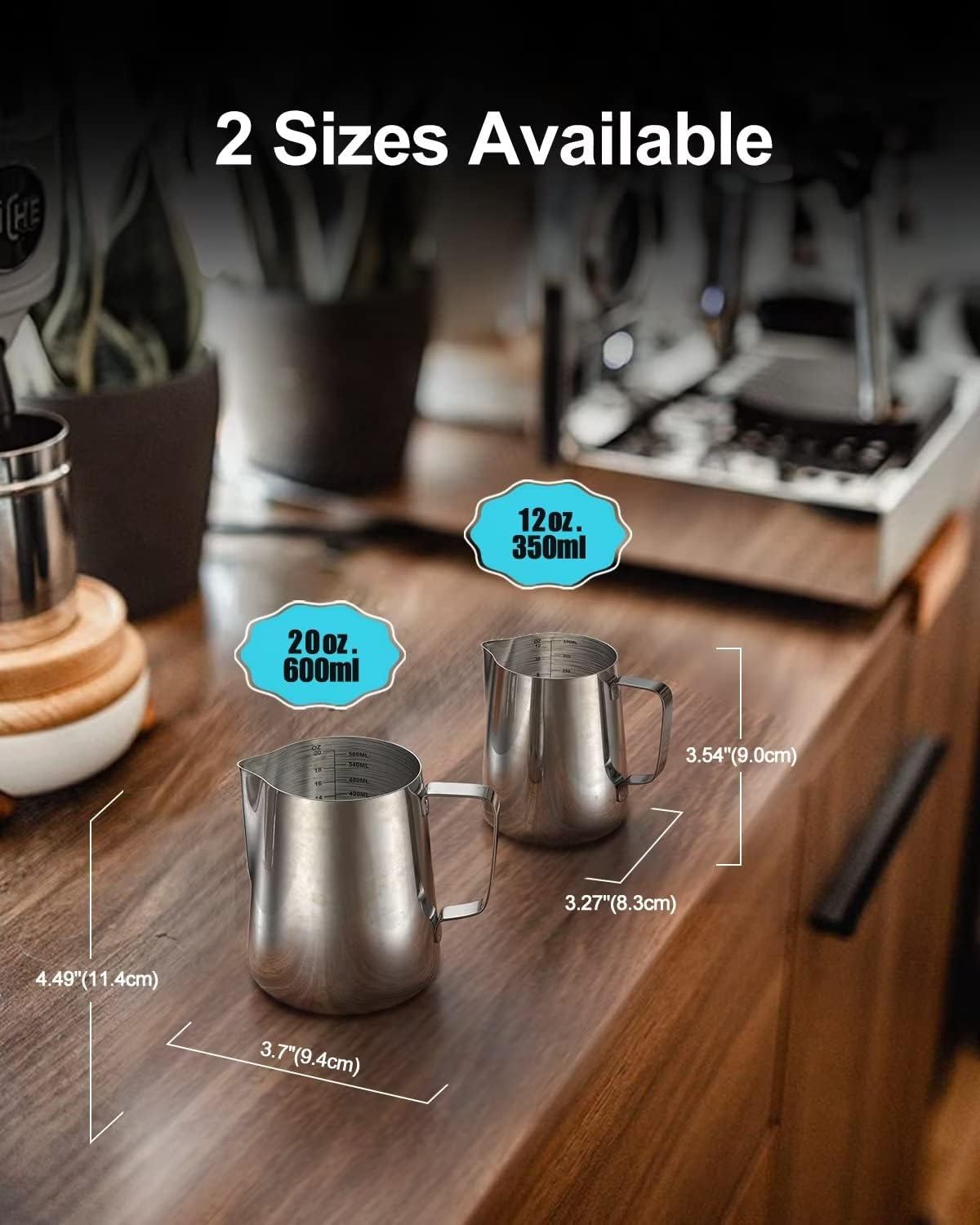 Jarra de espuma de leche de acero inoxidable de 20 onzas, medidas en ambos lados, accesorios para máquina de espresso, taza de arte latte con mango