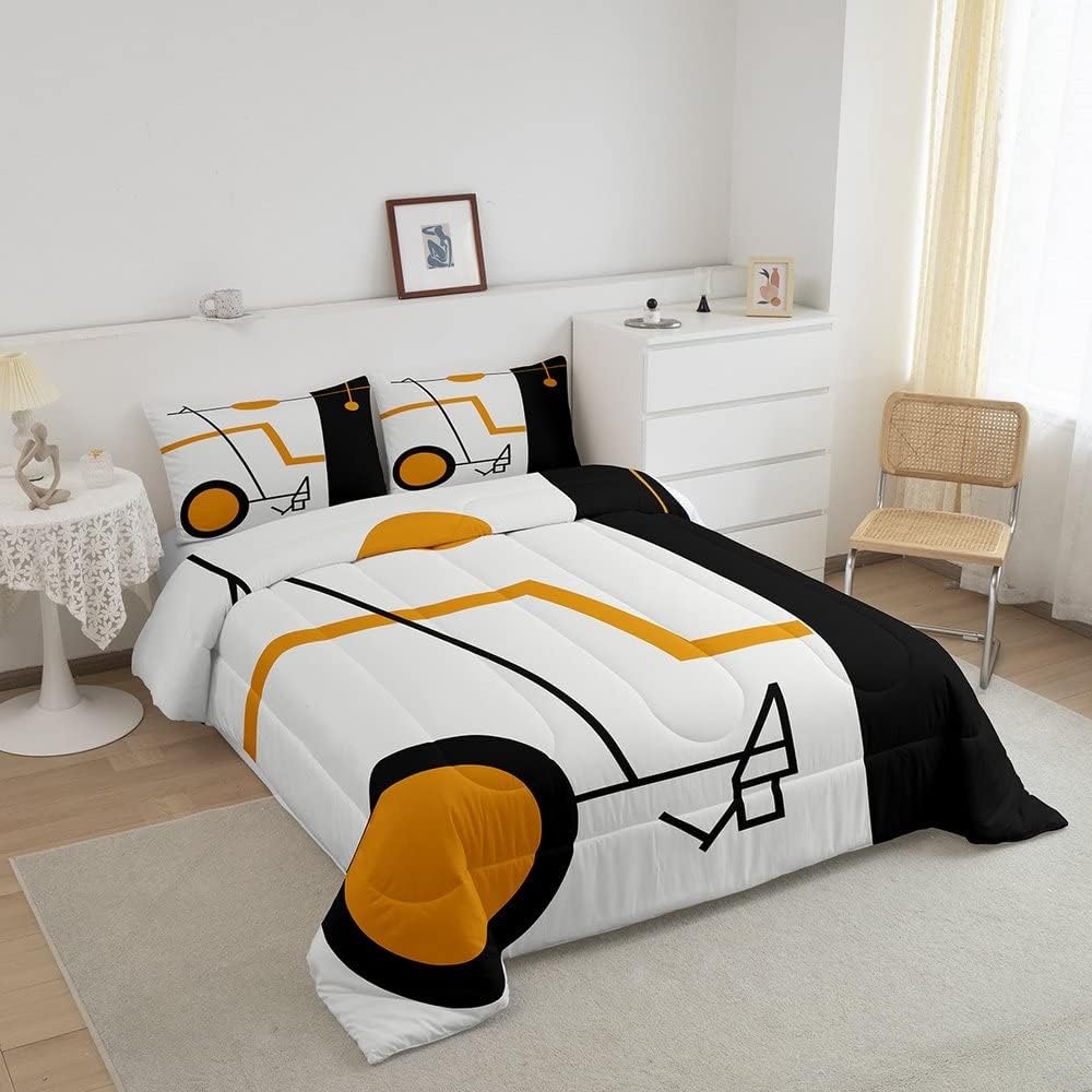 Juego de ropa de cama naranja, blanco y negro para niños y niñas, juego de edredón de rayas geométricas y remolinos circulares, edredón acolchado