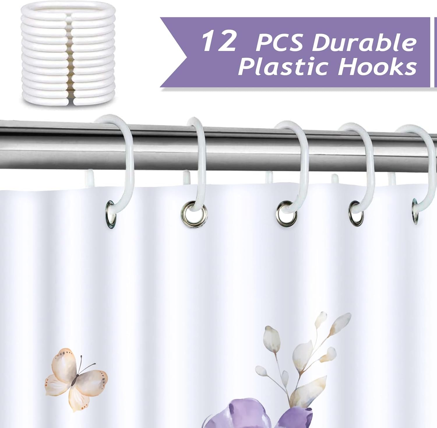 Bonhause Cortina de ducha floral morada, cortina de baño de 72 x 72 pulgadas, tela de poliéster impermeable con 12 ganchos