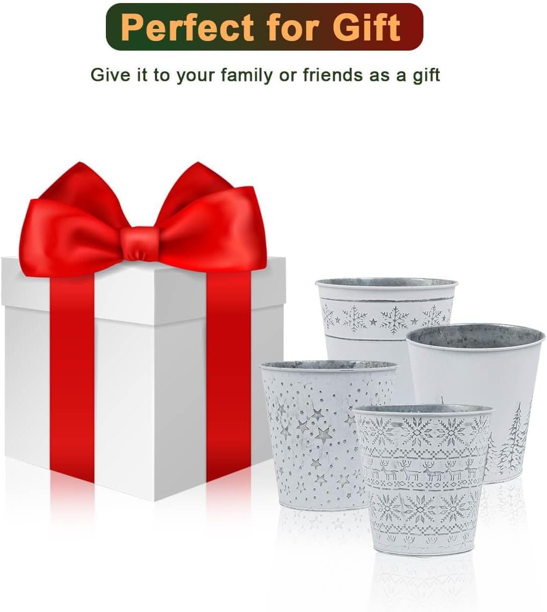 Cubos de metal galvanizado blanco de Navidad, 4 macetas rústicas de hojalata con orificio de drenaje y enchufe, regalo de Navidad, maceta vintage
