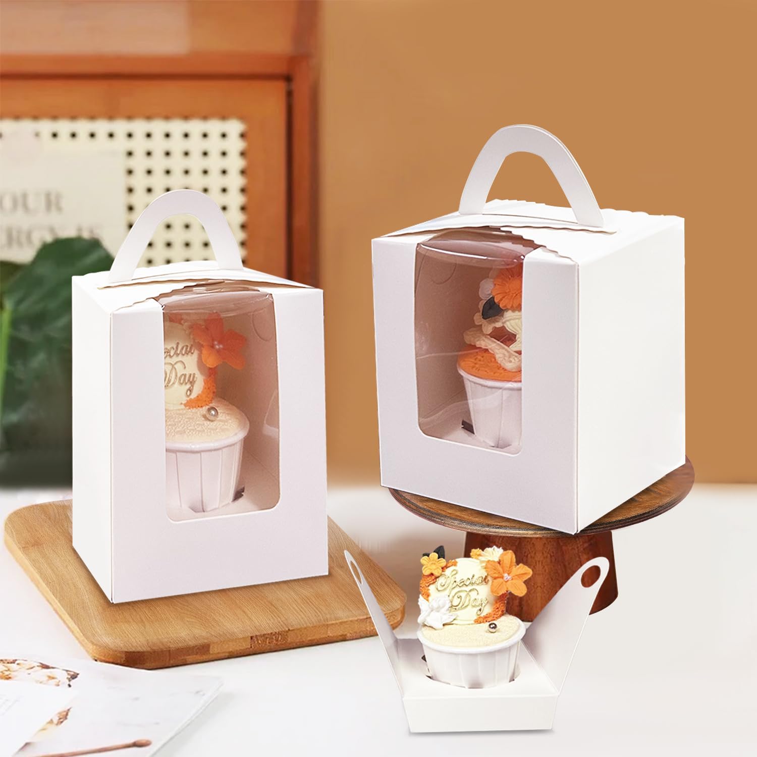 Cajas individuales para cupcakes con ventana, 60 unidades, color blanco, caja de cupcakes individuales de 3.6 x 3.6 x 4.3 pulgadas