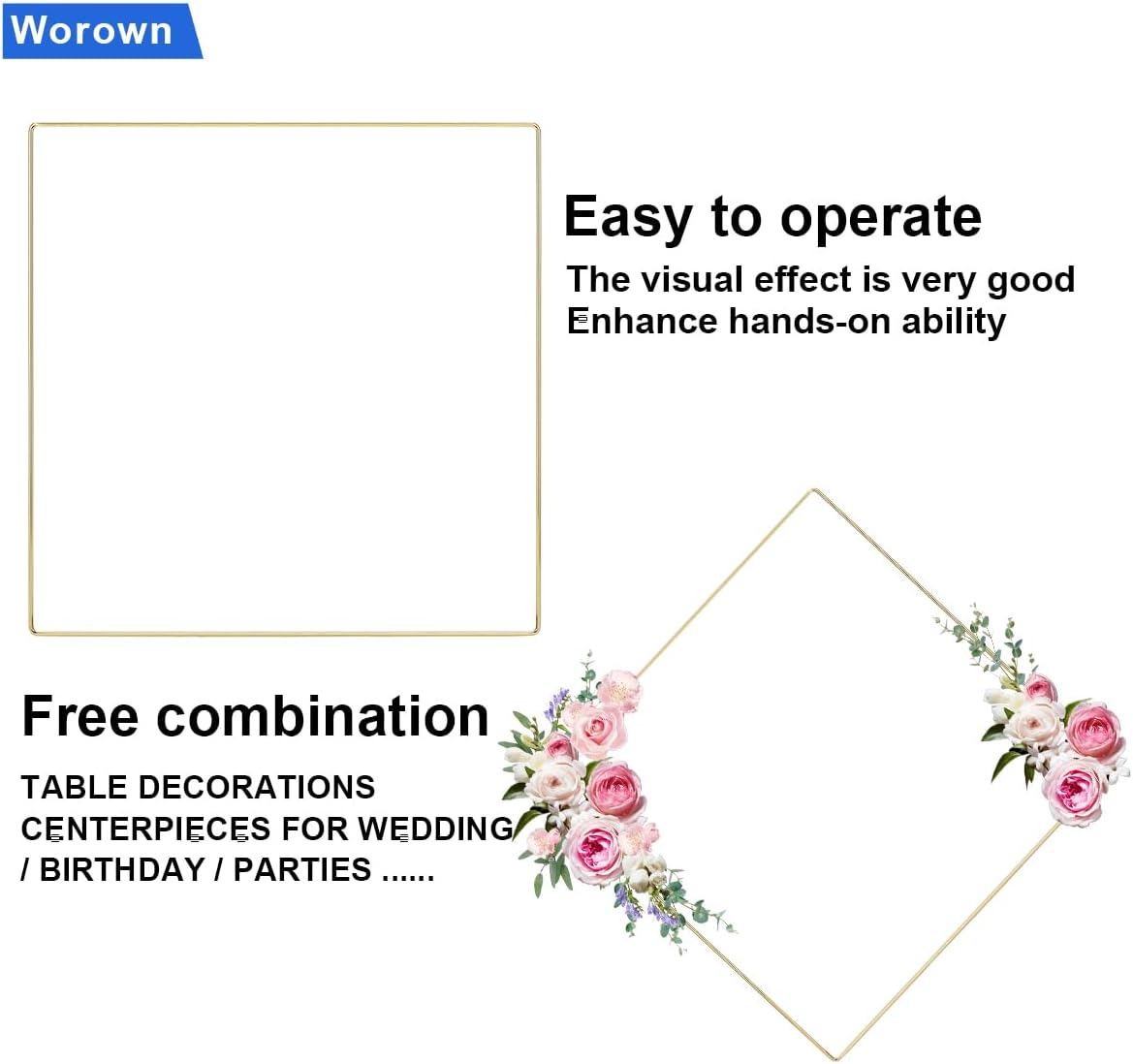 Worown Paquete de 6 coronas cuadradas de metal floral de 12 pulgadas, anillos dorados para atrapasueños para manualidades, corona de Navidad y boda,