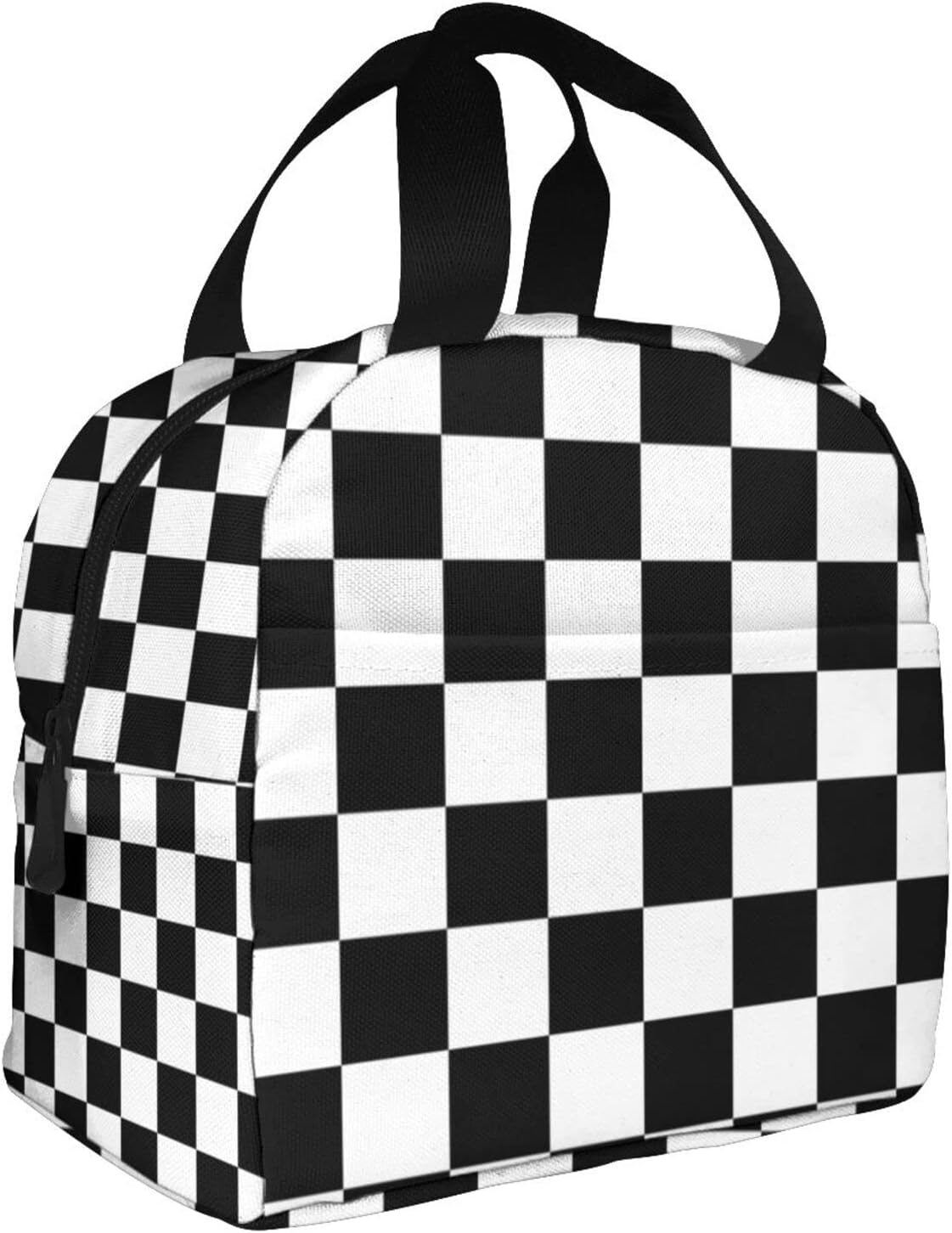 Bolsa de almuerzo aislada portátil con bandera a cuadros de raza blanca y negra, caja de almuerzo reutilizable para hombres, mujeres y niños