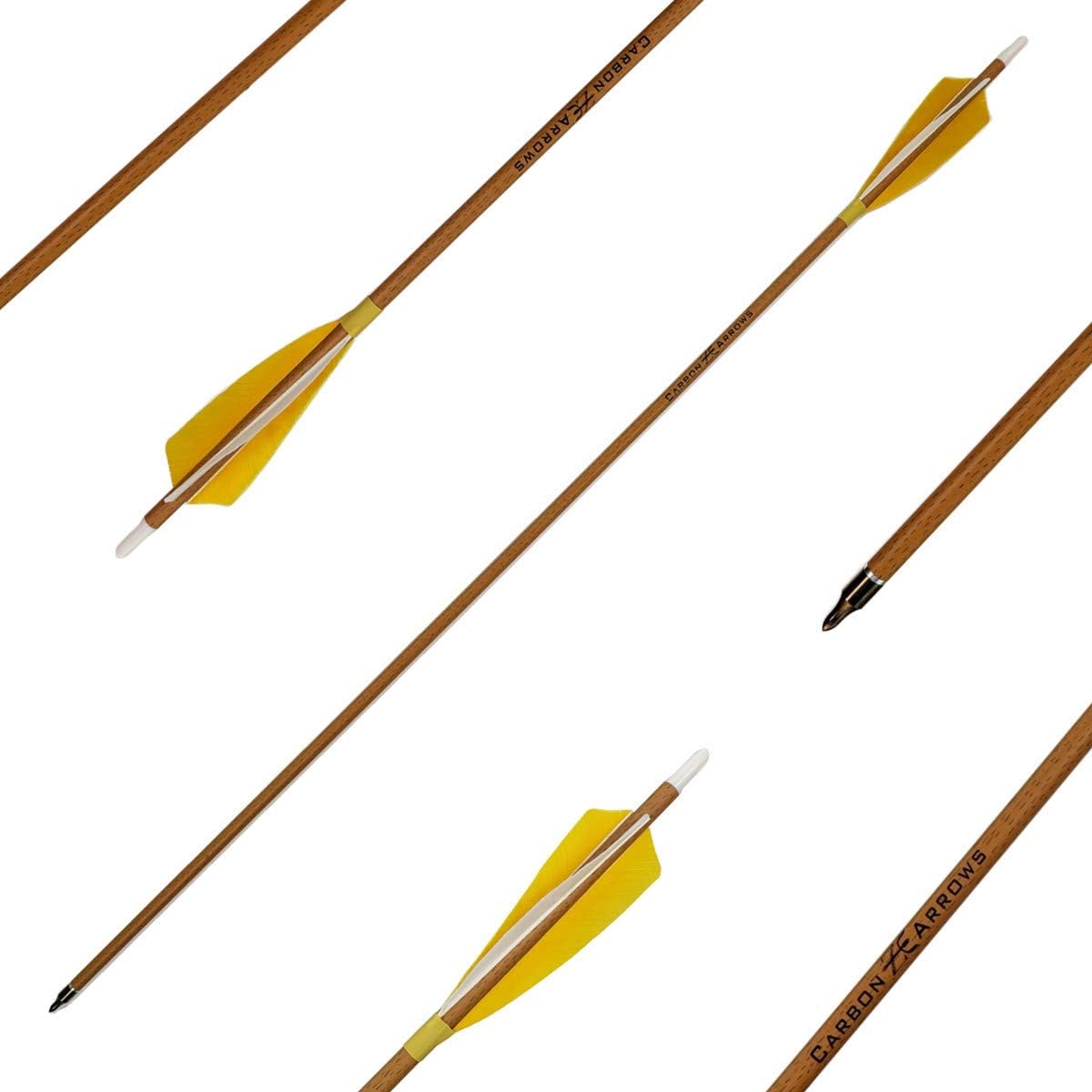 Archery – Flechas de carbono 500 columna vertebral con plumas helicoidales reales y puntas extraíbles para arco recurvo compuesto (paquete de 6)