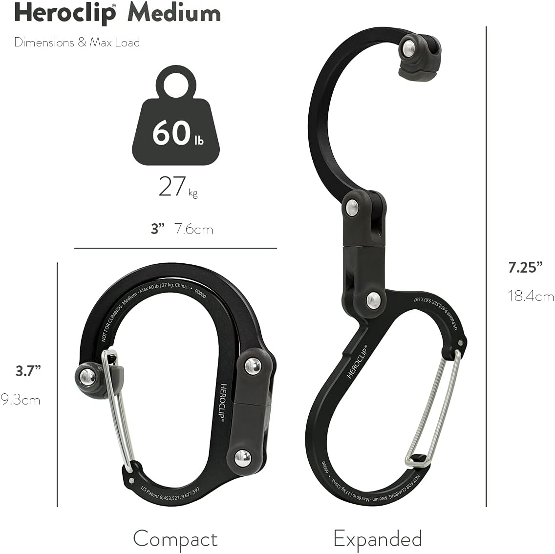 GEAR AID HEROCLIP Mosquetón giratorio de 360 y gancho (mediano) para camping, mochila, maletas y organización de garaje