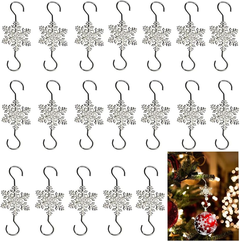 Ganchos de adorno para colgar decoraciones de Navidad, 20 ganchos plateados en forma de S de copo de nieve para colgar árbol de Navidad, ganchos de