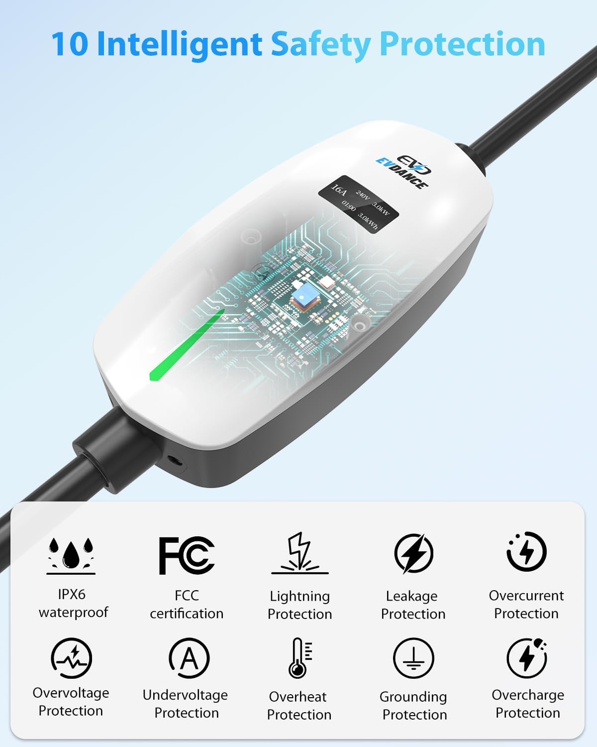 Cargador eléctrico portátil de nivel 2 de 110 V240 V, 6-16 A, ajustable, J1772 con cable de carga de 25 pies, NEMA 6-20 y 5-15 estación de carga