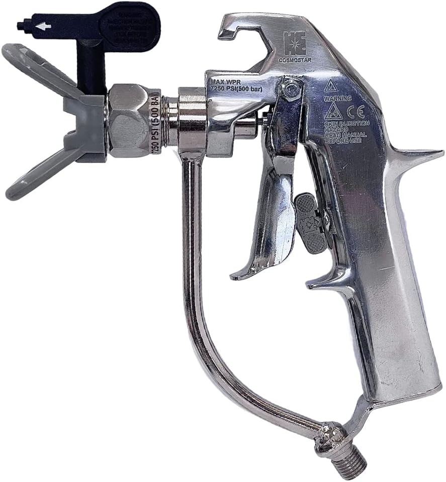 Cosmostar R2006 Pistola de pintura sin aire plateada para pulverizadores de pintura sin aire para aplicaciones de alta presión, gatillo de 2 dedos,
