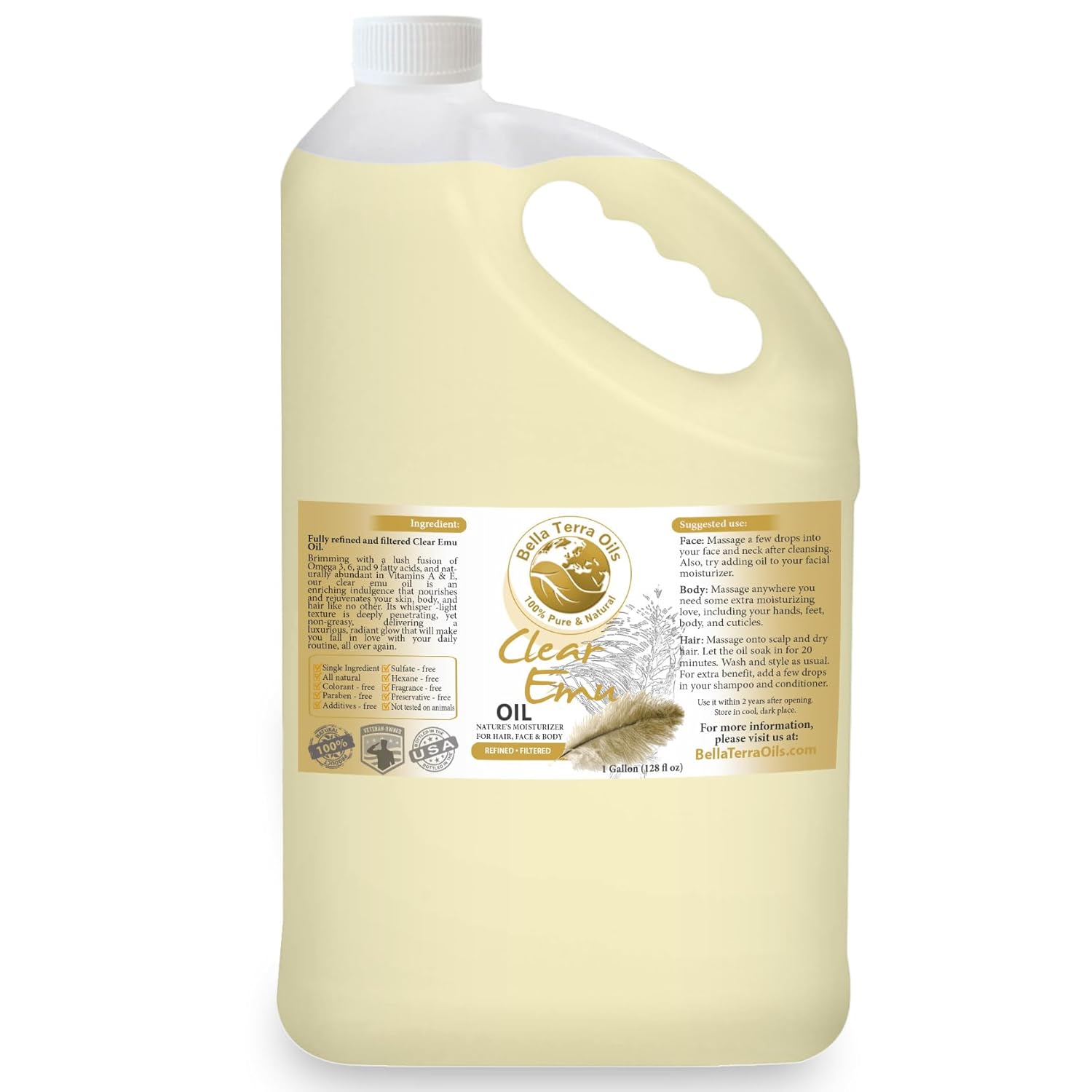 Bella Terra Oils Aceite de emú transparente para cabello y piel  1 galón, altamente absorbente, hidratante, no grasoso, revitalizante