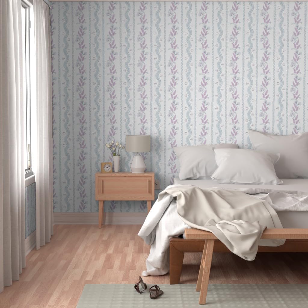 Spoonflower Papel tapiz extraíble – Cottagecore Floral Stripe Botánico Grandmillennial Púrpura Azul Papel pintado tradicional prepegado personalizado