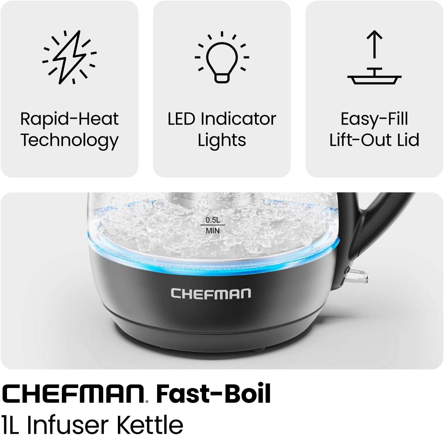 Chefman Hervidor eléctrico con infusor de té, 1 litro, 1500 W, tapa extraíble para una fácil limpieza, protección contra hervido y seco, filtro de