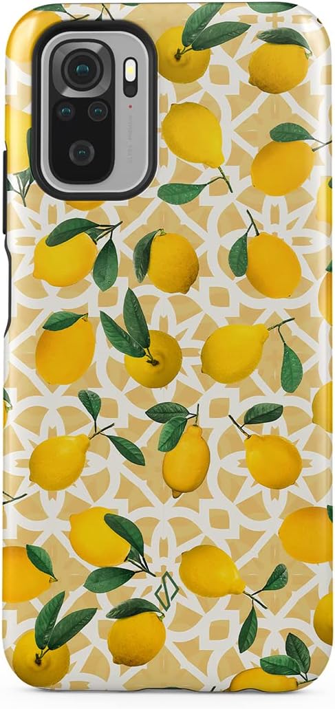 BURGA Phone Case Compatible with Xiaomi Redmi Note 10S – Hybrid 2-Layer Hard Shell + Silicone Protective Case -Lemon Pattern Vintage Fruits Citrus