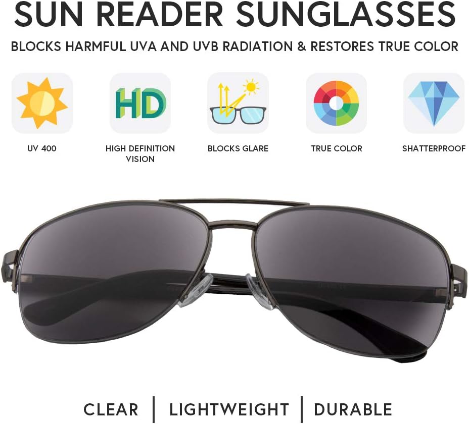 VITENZI Anzio – Gafas de sol con lectores para hombres y mujeres, lentes de lectura de aviador tintados con sol integrados