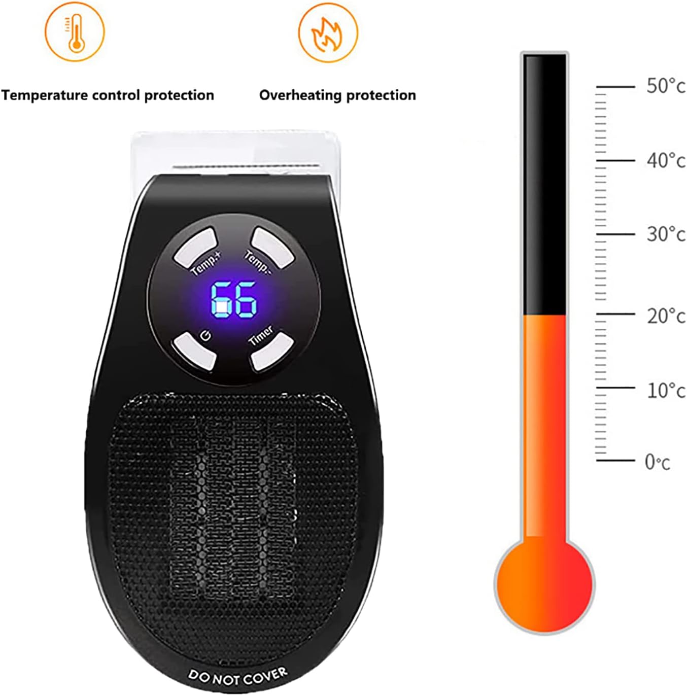 Calentador eléctrico inteligente de 500 W con termostato y temporizador ajustables, protección contra sobrecalentamiento, pantalla LED,