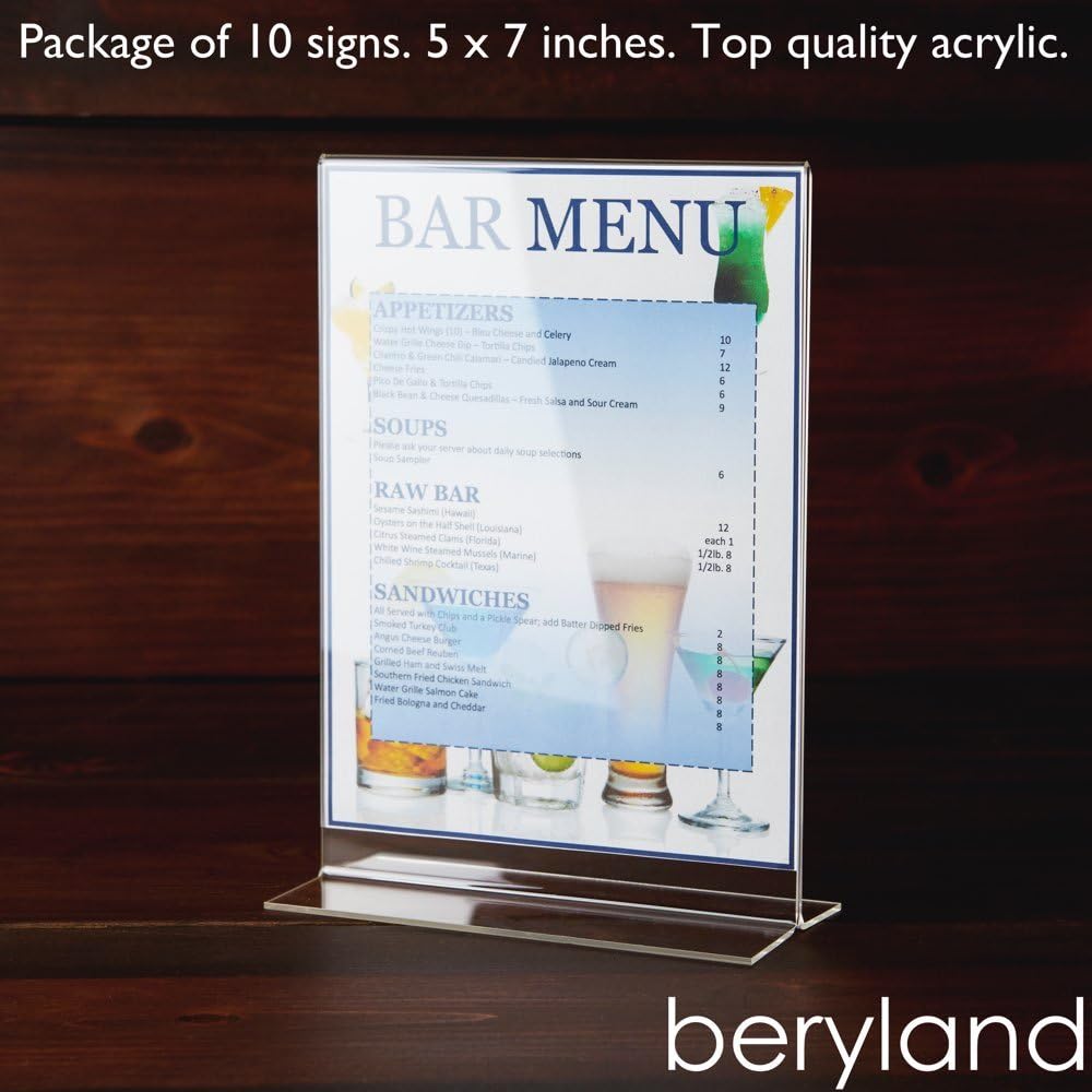 Beryland soporte de carteles de acrílico y portamenú, 5 x 7 pulgadas, paquete de 10 unidades
