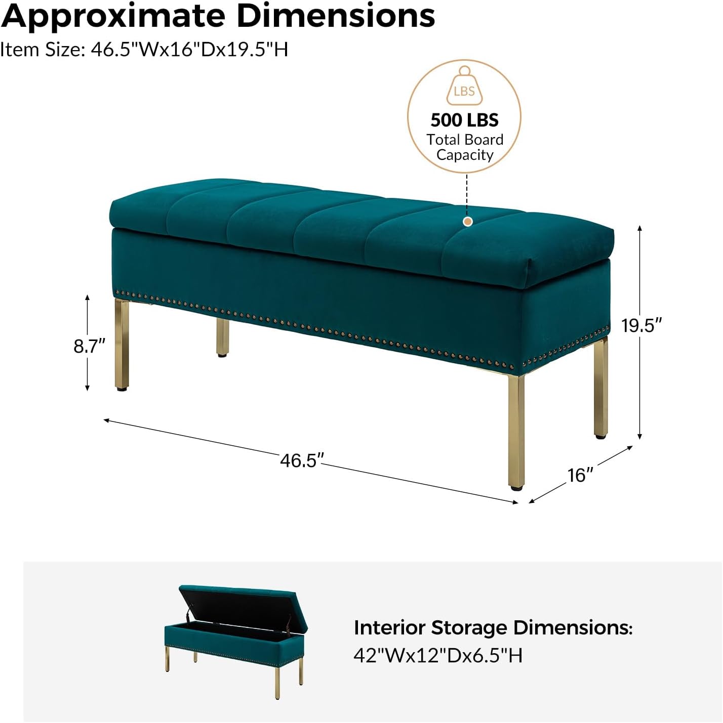 HULALA HOME Banco otomano moderno de terciopelo con tapa abatible con borde de clavos, banco tapizado para dormitorio para el extremo de la cama,