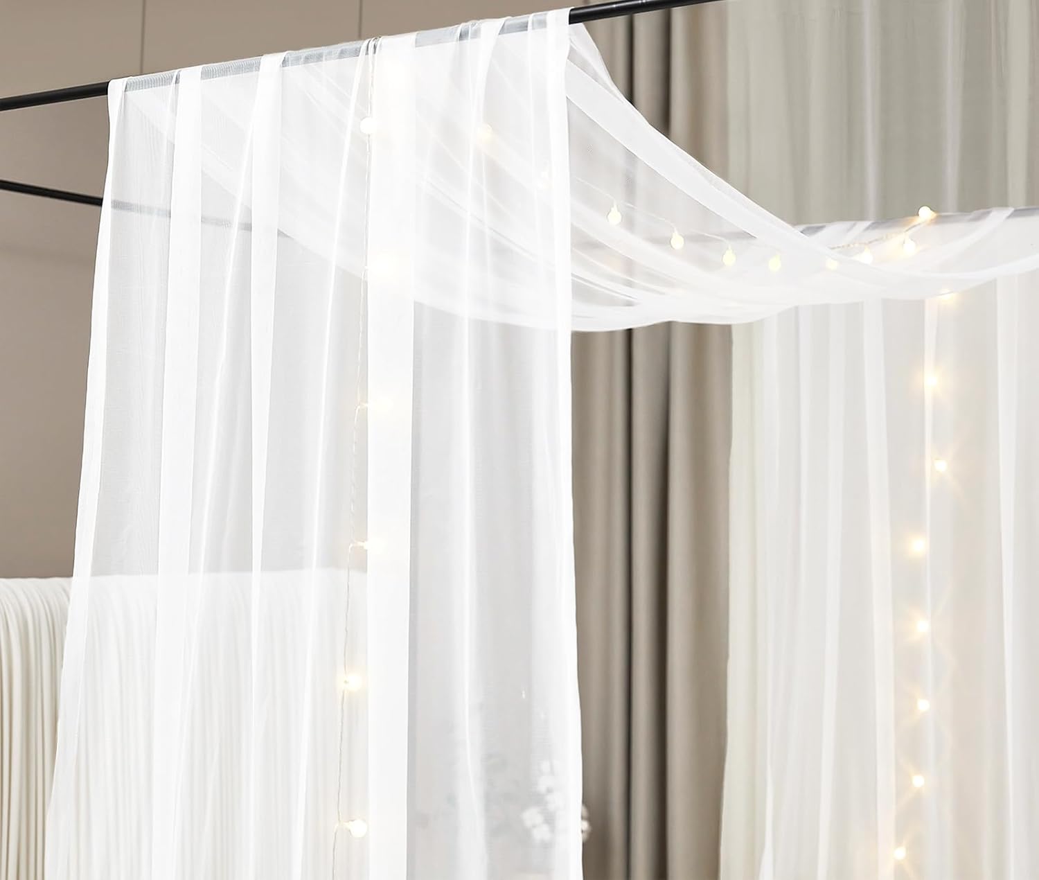 Akiky Cortinas de cama con toldo de princesa ligera para marco de cama matrimonialqueen, marco de madera, cortina transparente de 2 paneles