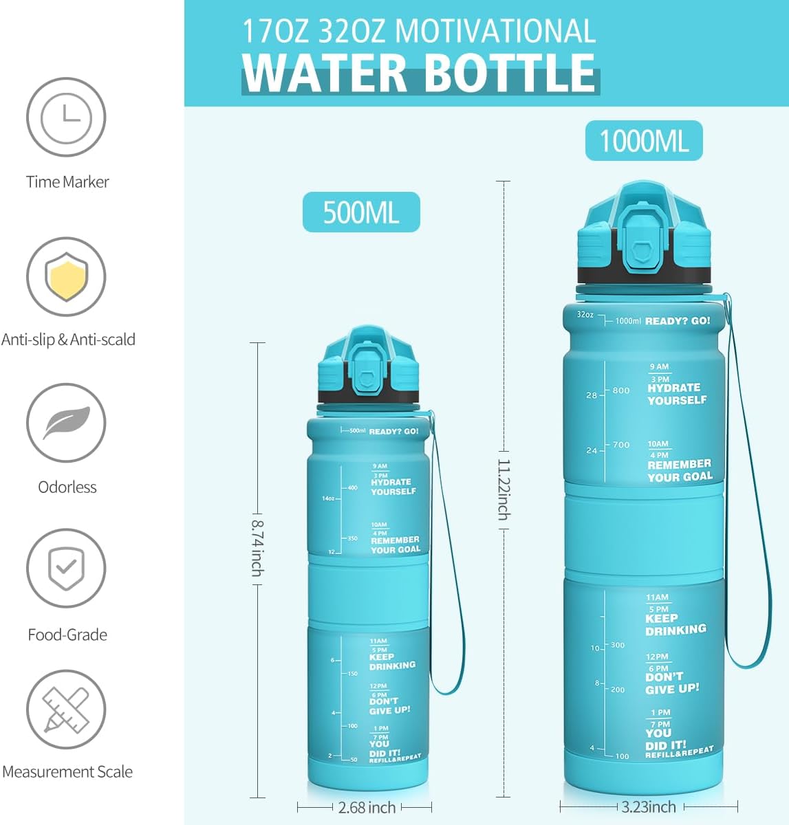 Botellas de agua con marcador de tiempo, botella de agua motivacional de 17 onzas, 32 onzas, a prueba de fugas y sin BPA, botella de agua deportiva