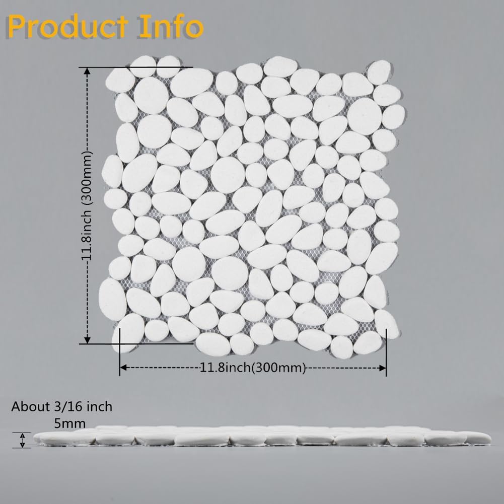 Diflart Azulejos de pared con diseño de guijarros blancos pulidos para cocina, ducha y suelo, paquete de 5 hojas