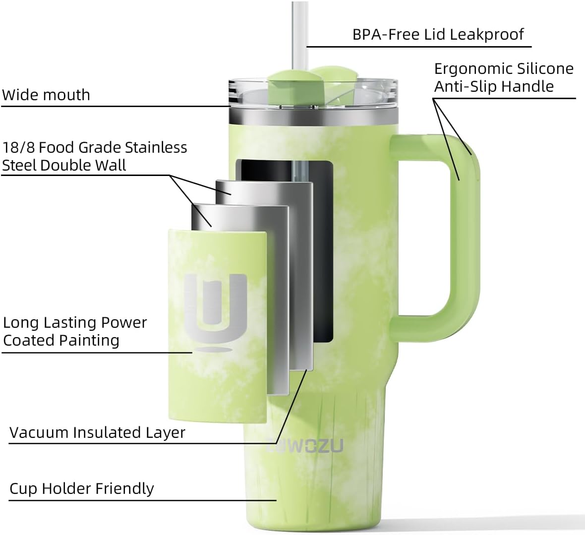 ZUWOZU Vaso de acero inoxidable con aislamiento al vacío con tapa y pajilla, de 40 oz, con asa y pajilla, 2 tapas, taza de viaje para café helado,