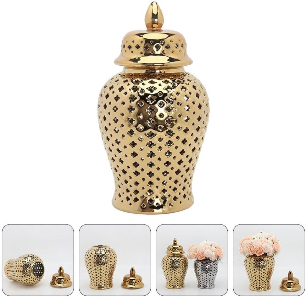 HOMSFOU Tarro de jengibre de cerámica con tapa tallada celosía decorativa tarro de templo moderno de cerámica ahuecado tarro de jengibre florero