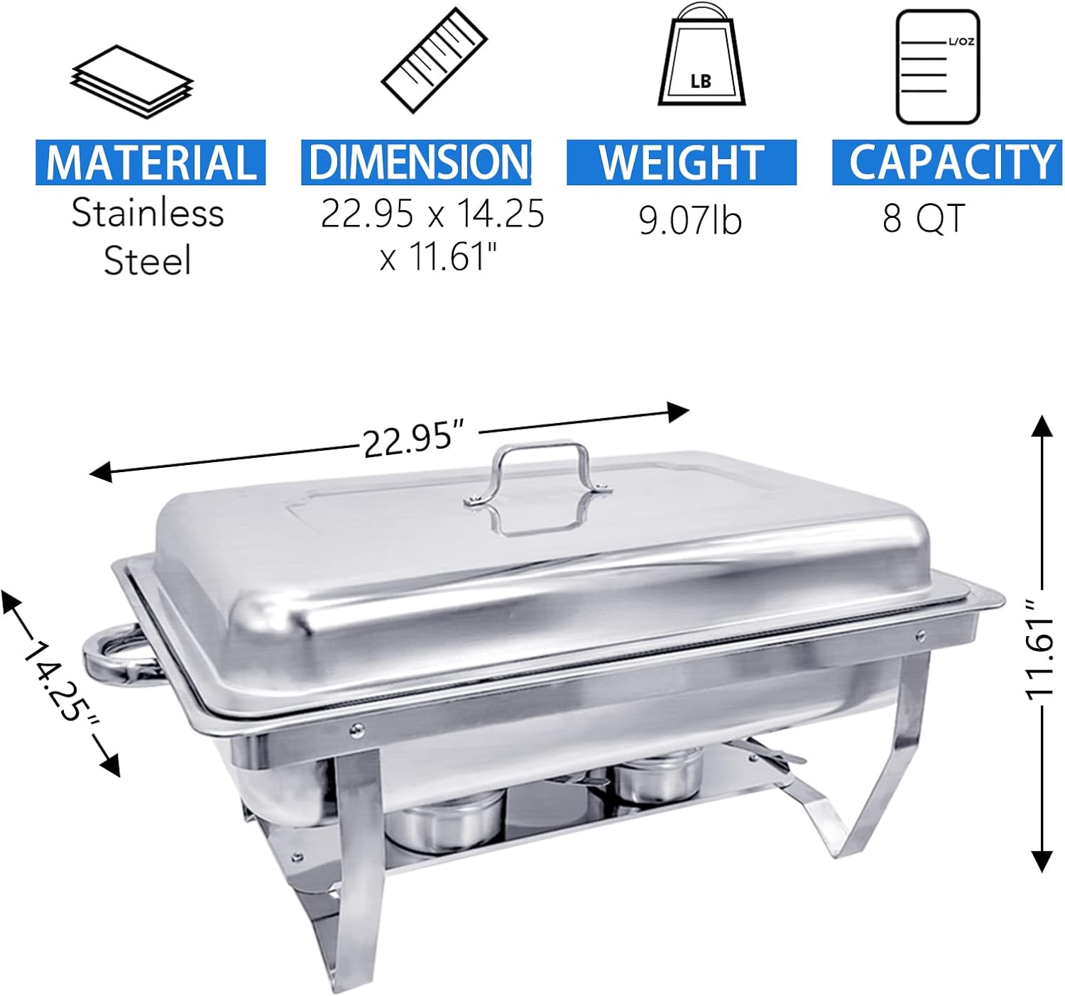Juego completo de calentador de alimentos de acero inoxidable de 8 cuartos de galón con bandeja de agua, soporte de combustible para comida de