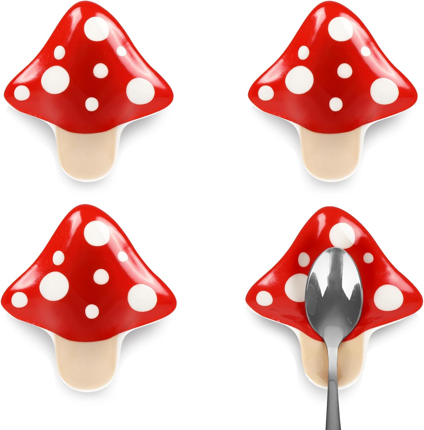 Whaline Soporte para cucharas de hongos de otoño, 4 piezas, soporte para cucharas de cerámica de hongos rojos, plato de anillo para cocina, hogar,