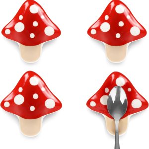 Whaline Soporte para cucharas de hongos de otoño, 4 piezas, soporte para cucharas de cerámica de hongos rojos, plato de anillo para cocina, hogar, Whaline Soporte para cucharas de hongos de otoño, 4 piezas, soporte para cucharas de cerámica de hongos rojos, plato de anillo para cocina, hogar,