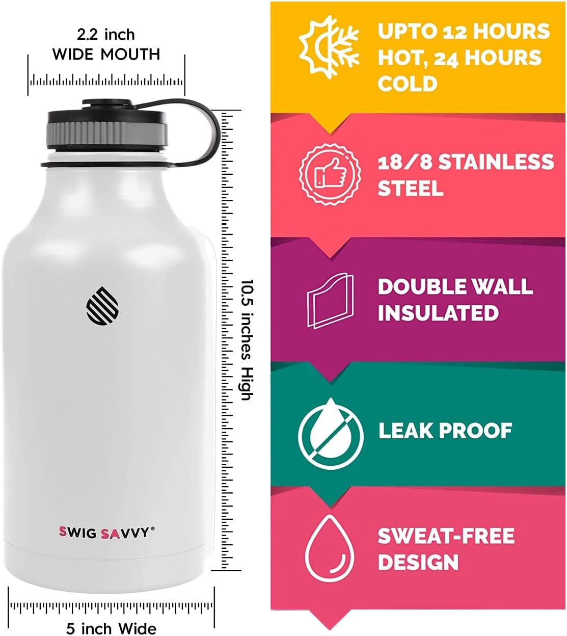 Swig Savvy Botella de agua deportiva de doble pared de acero inoxidable aislada al vacío con funda de almacenamiento, 64 onzas, color blanco
