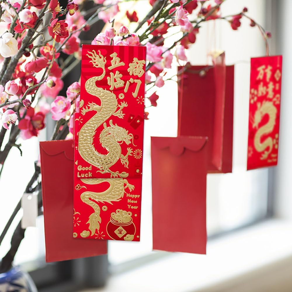 Hying 36 sobres chinos rojos chinos HongBao para tarjetas 2024, año nuevo chino, dragón, dinero de la suerte, bolsillos rojos para festival de