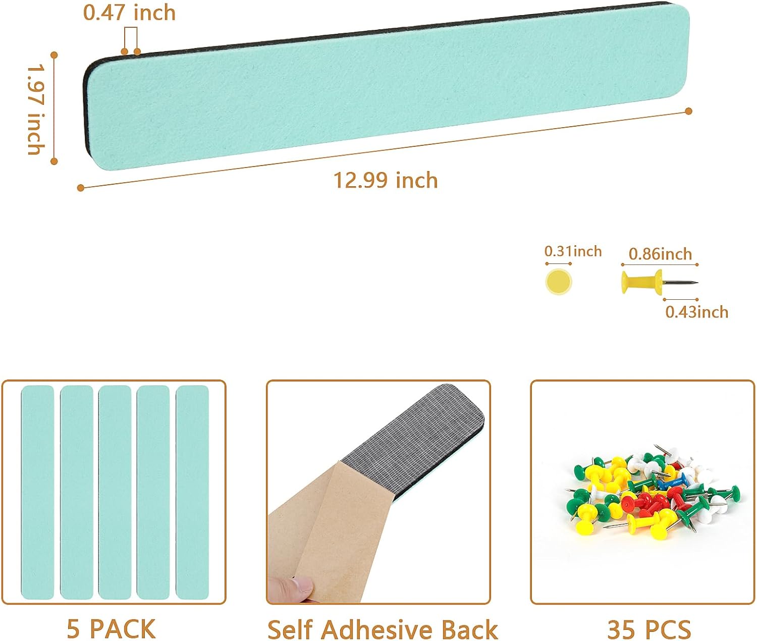 Tablón de anuncios de fieltro para dormitorio, oficina, decoración de pared del hogar, tablero de anuncios autoadhesivo con 35 pasadores para pegar
