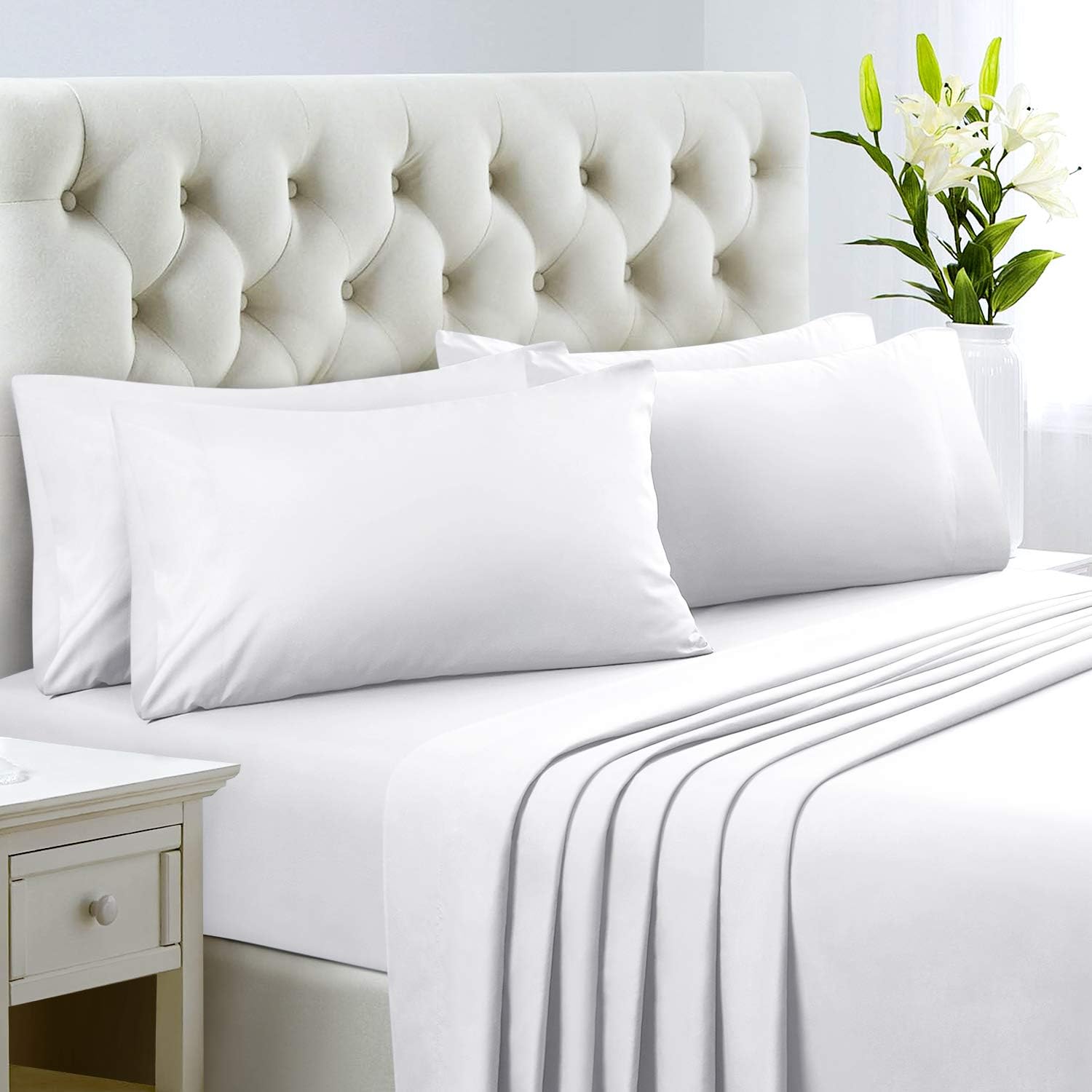 HOMEIDEAS Sábanas de hotel de cama tamaño queen (blanco y gris)