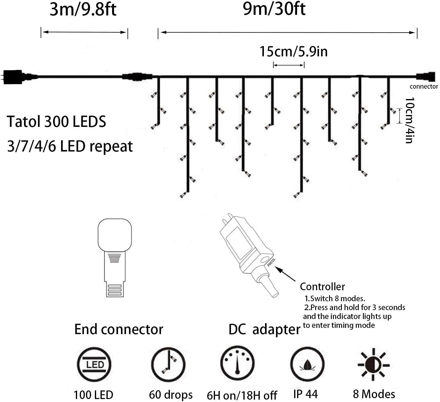 YASENN Tira de luces de 300 luces LED estilo carámbano de 29.5 pies, actualizables conectables, 8 modos de iluminación con temporizador, luces de