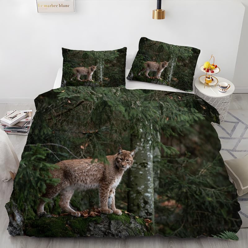 Lynx Green Duvet Cover Full Animal Print Bedding Sets Full Soft Microfiber Comforter Cover and 2 Pillow Shams 20″X26″, Bed Set Duvet Covers with