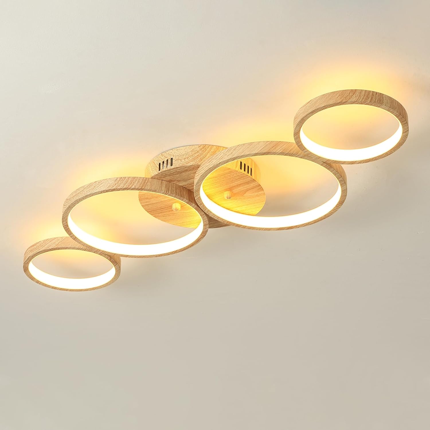 Lámpara de techo LED de madera, montaje empotrado, 48 W, 3840 lm, 4 anillos, lámpara de techo para sala de estar, dormitorio, comedor, 3 colores, L